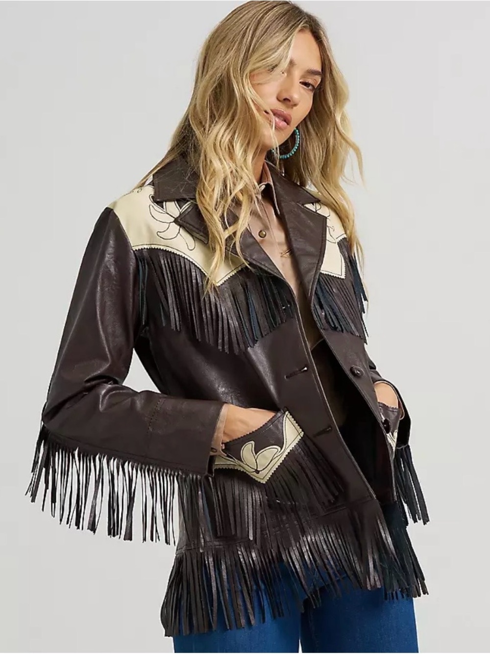 Wrangler Lainey Wilson Brown & Cream Western Fringe faux Leather Jacket NWT L
